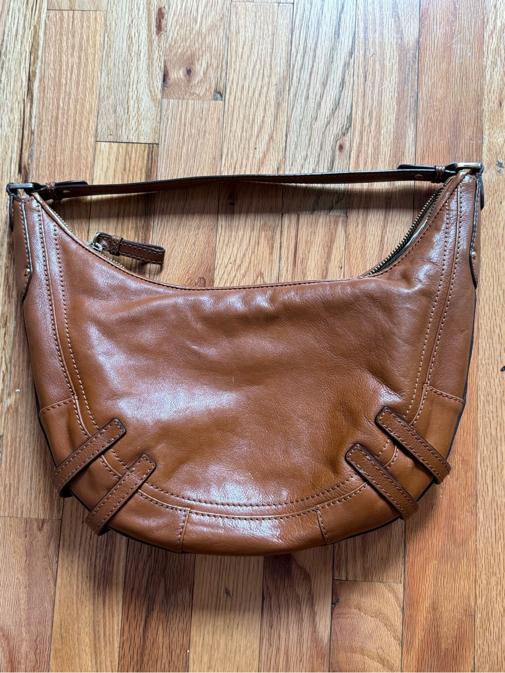 Michael Kors Camel Leather Shoulder Hobo Bag with Buckle Accents - Picture 4 of 7